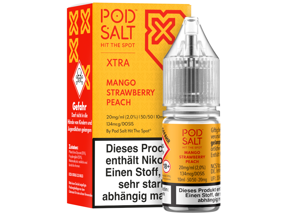 Pod Salt X Nikotinsalz-Liquid Mango Strawberry Peach 20 mg/ml